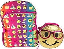 Emoji 16" Inch Backpack & Lunch Bag Set - Emojicon Style With Gold Sequin Removable Lunchbag
